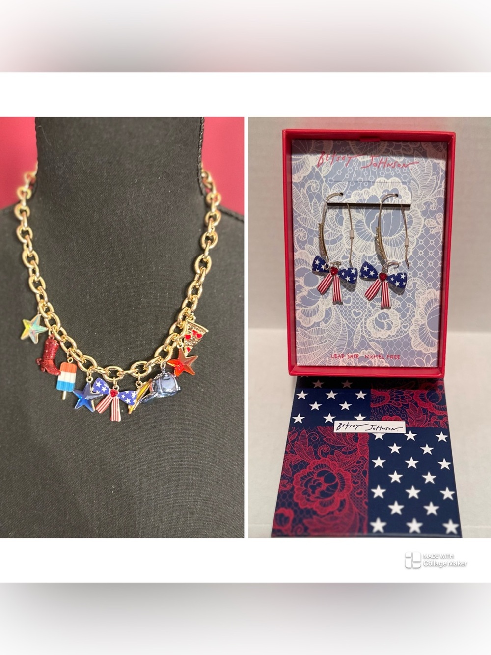 Betsey Johnson NWT Gold Plated Americana Charm Necklace & Earrings